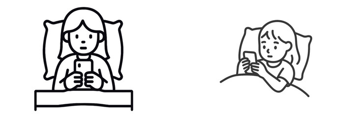 People using smartphones in bed at night while relaxed and engaged in different activities