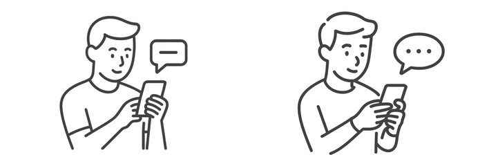 Two illustrations of a person engaged in mobile texting activity in a casual setting