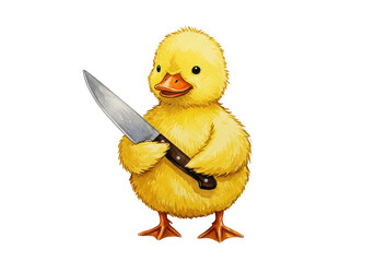 A fluffy yellow duckling stands holding a shiny metal knife with a dark handle in its wings on transparent background