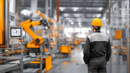 Factory worker operating control panel in automated industrial production facility.
