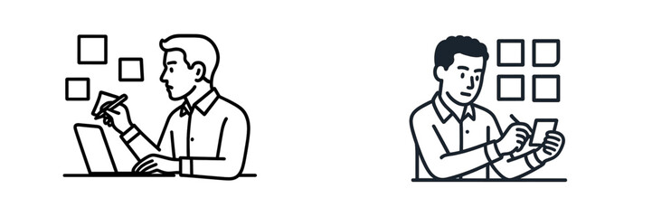 Creative brainstorming in a modern workplace with a man taking notes and organizing ideas