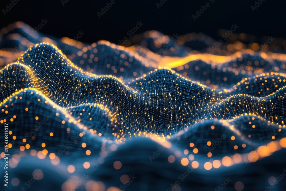 Poster Light shapes create dynamic patterns over data waves in a vibrant digital landscape, light shapes moving over data processing