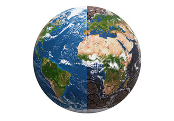 Earth globe showing healthy side and damaged side with cracked dry land on a dark setting on transparent background