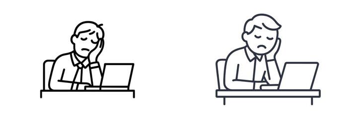 Two illustrations of a person feeling bored or frustrated while working on a laptop in an office environment during the day