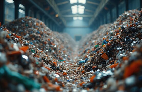 Sorted heap of mixed metallic waste materials inside industrial recycling facility. Separation process for materials denied for refuse-derived fuel production. Eco-friendly waste management concept.