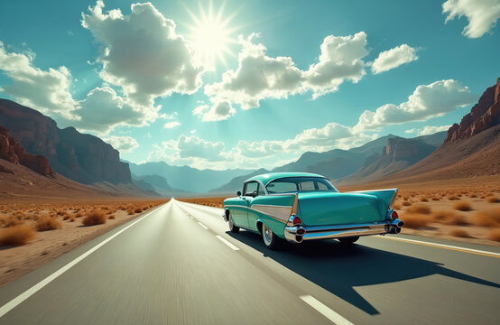 Vintage classic car cruises down scenic highway mountain landscape on sunny day. Turquoise automobile on road trip through picturesque desert, summer travel, exploration freedom, adventure. Winding - Powered by Adobe