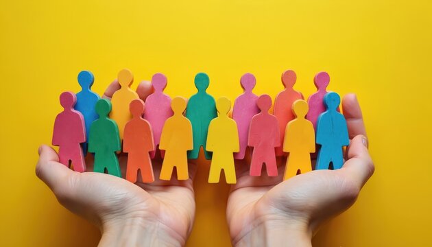 Hands hold colorful wooden figurines, illustrating diversity teamwork. Bright yellow background. People figures symbolize collaboration, inclusion. Perfect for projects, business, community ideas,