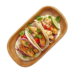 Delicious fish tacos served on a long wooden plate with fresh toppings and lime wedge, fish taco on long wooden plate isolated on white background