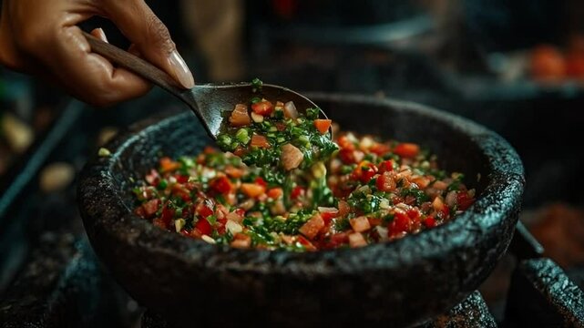 Mexican Salsa Recipe with Stone Molcajete, and Cooking.