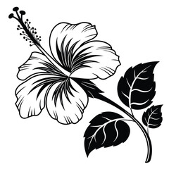 Black and white hibiscus flower displays bold outlines with detailed leaves in bloom