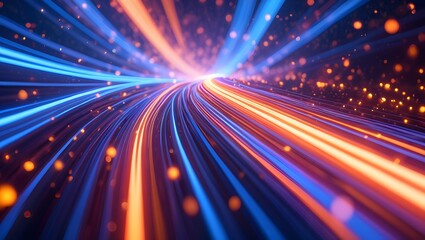 Futuristic digital illustration featuring blue, orange neon high-speed technology concept. Dynamic motion graphics, abstract background of cyberspace connectivity. Modern tech interface, web design,