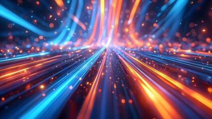 Obraz premium Futuristic digital illustration featuring blue, orange neon high-speed technology concept. Dynamic motion graphics, abstract background of cyberspace connectivity. Modern tech interface, web design,