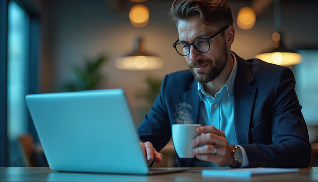 Stylish businessman using laptop late night. Man in glasses working, drinking coffee, focused on screen. Remote work, online, freelance, home office, pro at work, deadline, programmer.