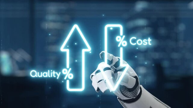A robotic hand points at dynamic quality and cost indicators illustrated with arrows, representing advanced analytics in a sleek office setting, symbolizing efficiency. Auvana