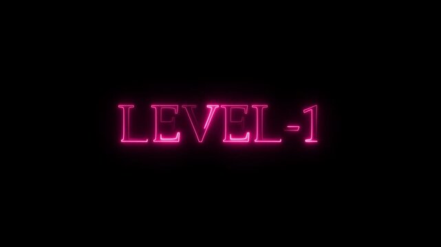 Neon level 1 text glowing with pink light on black background for gaming