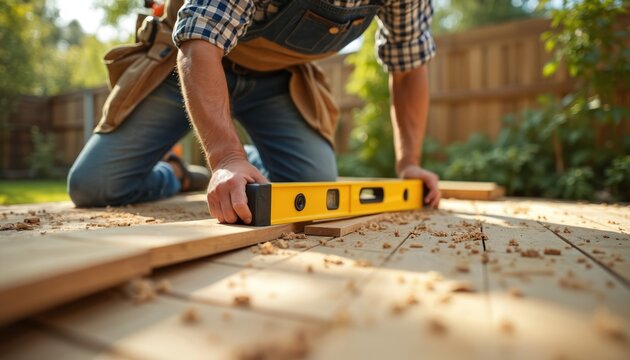 Carpenter builds wooden deck backyard. Man using spirit level checks construction progress. Outdoor home improvement, carpentry, woodworking. Building home, construction site, DIY concept. Focus on