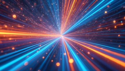 Obraz premium Futuristic digital illustration featuring blue, orange neon high-speed technology concept. Dynamic motion graphics, abstract background of cyberspace connectivity. Modern tech interface, web design,