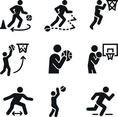 Basketball training icons of player shooting, dribbling, jumping, running and guarding in black silhouette for athletic action concepts.