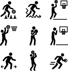 Fototapeta premium Basketball motion icons featuring players shooting, dribbling, dunking, and jumping in black minimal athletic silhouette.