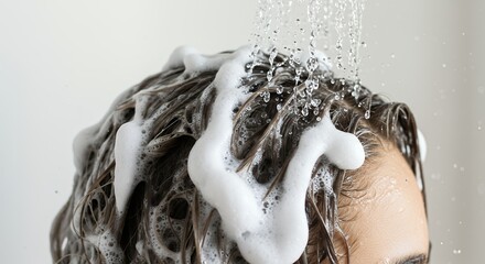 Washing hair with shampoo closeup