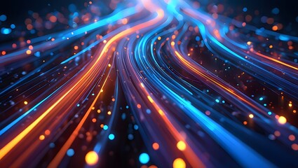 Futuristic digital illustration featuring blue, orange neon high-speed technology concept. Dynamic motion graphics, abstract background of cyberspace connectivity. Modern tech interface, web design,