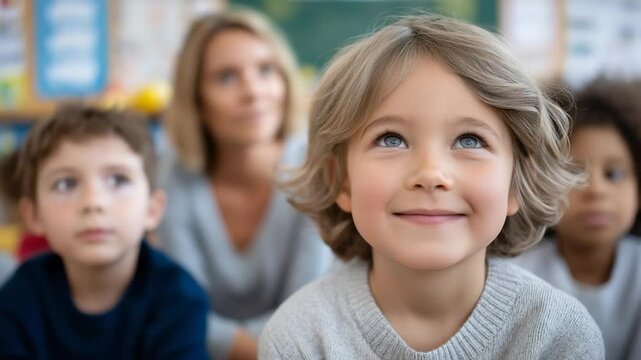 Engaged Elementary Classmates in a Bright Classroom Setting