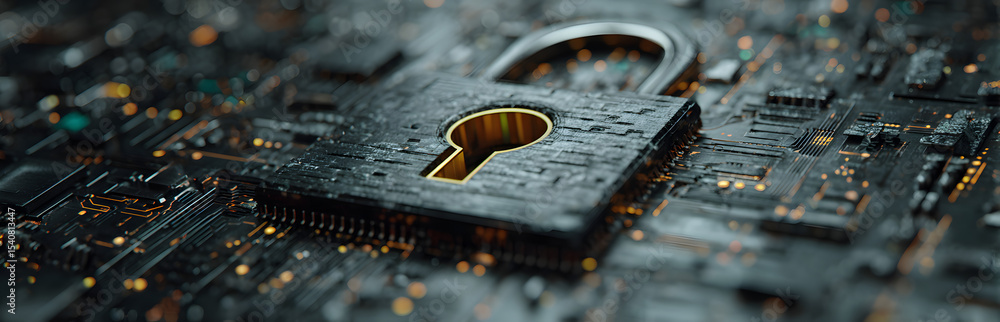 Poster digital lock symbol on circuit board. cybersecurity data protection, information privacy, and networ