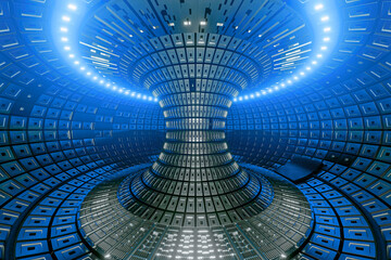 Interior view of a futuristic tokamak fusion reactor with glowing blue lights