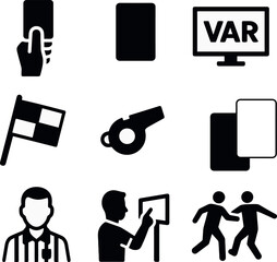 Soccer referee and VAR icon set including red cards, whistle, assistant gestures, and video review. Strong black vector symbols for match officiating. © VectorGomes