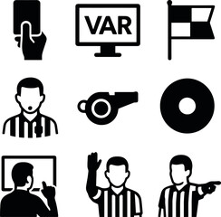 Set of referee icons in football including VAR screen, whistle, red card, flag, and gestures.