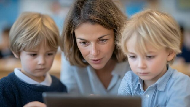 Engaged elementary students using a digital tablet with their teacher
