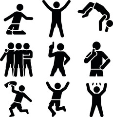 Soccer celebration icon set featuring various victory gestures, team unity, and emotional reactions.