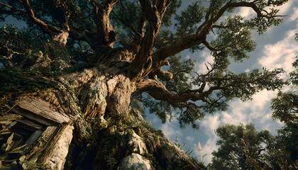 Conceptual art of tree climate change impact. Half-dead, half-alive tree outdoors represents environmental transformation. Global warming, ecology concept, deforestation, planet destruction, eco