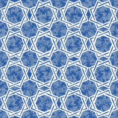 Vector seamless pattern of blue watercolor painted mosaic tiles on a white backdrop