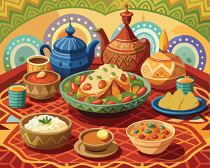 Authentic Afghan dishes beautifully arranged on traditional cloth vector art design 