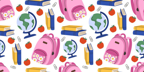Back to school seamless pattern with girly pink backpack, globe, books, and apples. Cute and colorful vector background with floral pink school bag in girly girl style, world globe, stacked textbooks.