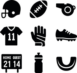 Black icon set of American football essentials including helmet, ball, jersey, gloves, scoreboard, and hydration bottle. Perfect for sport vector collections.