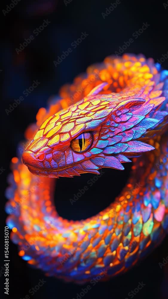 Poster a close-up view of a colorful snake's head, perfect for highlighting the intricate details and patte