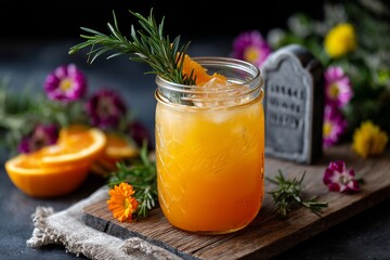 Charred Orange Whiskey Sour with Rosemary Garnish and Citrus Grave Paths