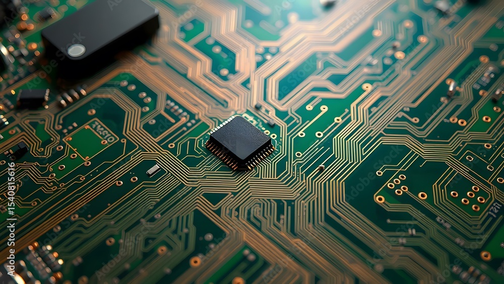 Poster close-up view of a circuit board featuring a microchip and intricate connections on a green backgrou