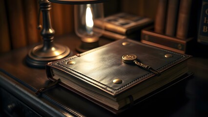 A beautifully styled leather journal rests on a wooden desk, illuminated by a warm lamp, evoking a cozy atmosphere.