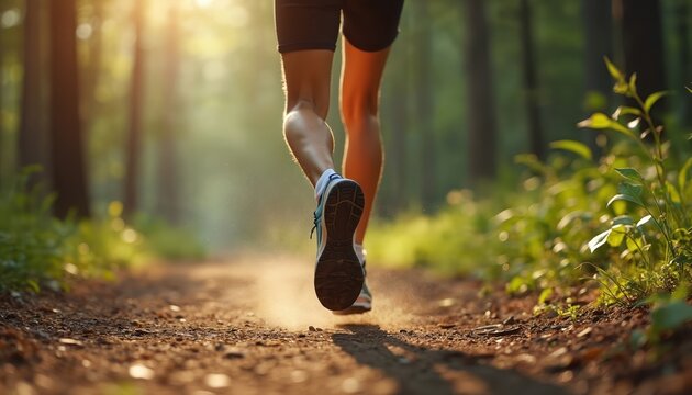 Athlete runs forest trail close-up. Legs running, morning sun shines, dust flies. Trail runner jogs. Health sport, active lifestyle, physical exercise. Running shoes, athletic wear on forest path.