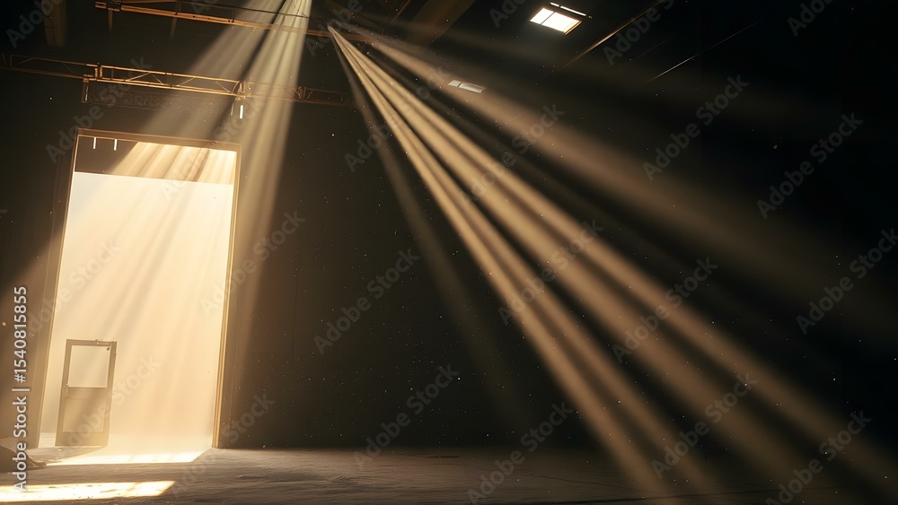 Poster a serene scene showcasing sunlight rays streaming through an open door, creating a mystical atmosphe