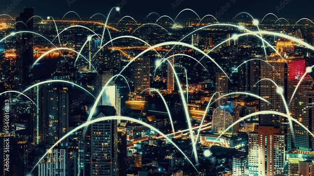Poster smart digital city with globalization abstract graphic showing connection network . concept of futur