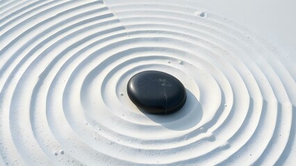 Naklejka premium A black stone rests on a smooth surface, creating ripples that convey themes of tranquility and harmony.