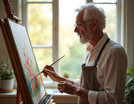 Senior artist paints watercolor artwork at home studio, creating floral portrait. Elderly man with eyeglasses enjoys leisure time painting. Mature person engaged in creative hobby during retirement.
