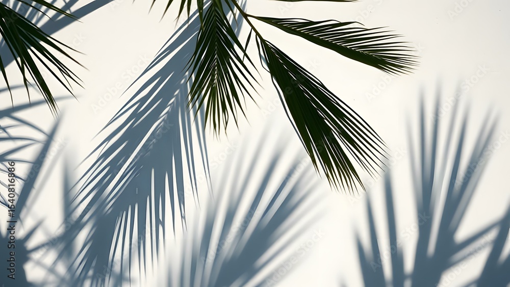 Poster shadows of tropical leaves create an artistic play of light and design on a soft background.