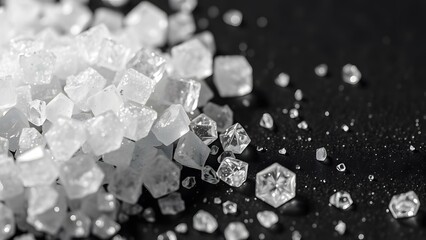 Delicate sugar crystals shimmering on a dark surface, perfect for gourmet and culinary designs.