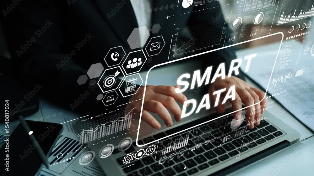 Poster business professional engaging in smart data analytics using laptop and digital interface in modern 