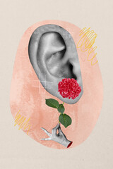 Creative artwork template sketch image 3D collage of huge size ear hand hold flower accessory...